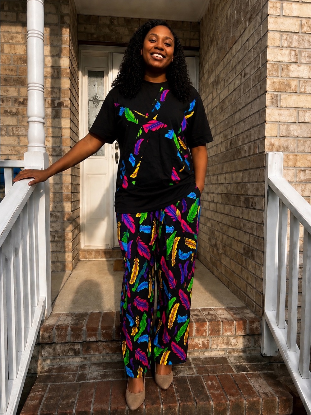 Women’s Black Feather-African Print Wide-Leg Pants - Vibrant Multicolor